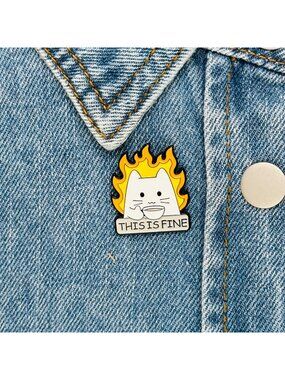 ⭐This Is Fine Cat On Fire Sipping Tea Enamel Pin Animal Broch White Cat New Oz